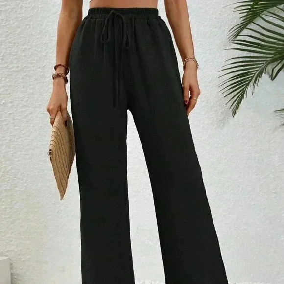 Black Casual Women's Drawstring Waist Wide Leg Pants - Picture 4 of 6